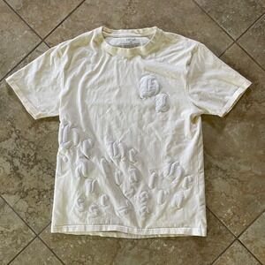 Focus‎ Mens XL Cream T-Shirt Embossed Gothic Lettering Puff Graphic Tee